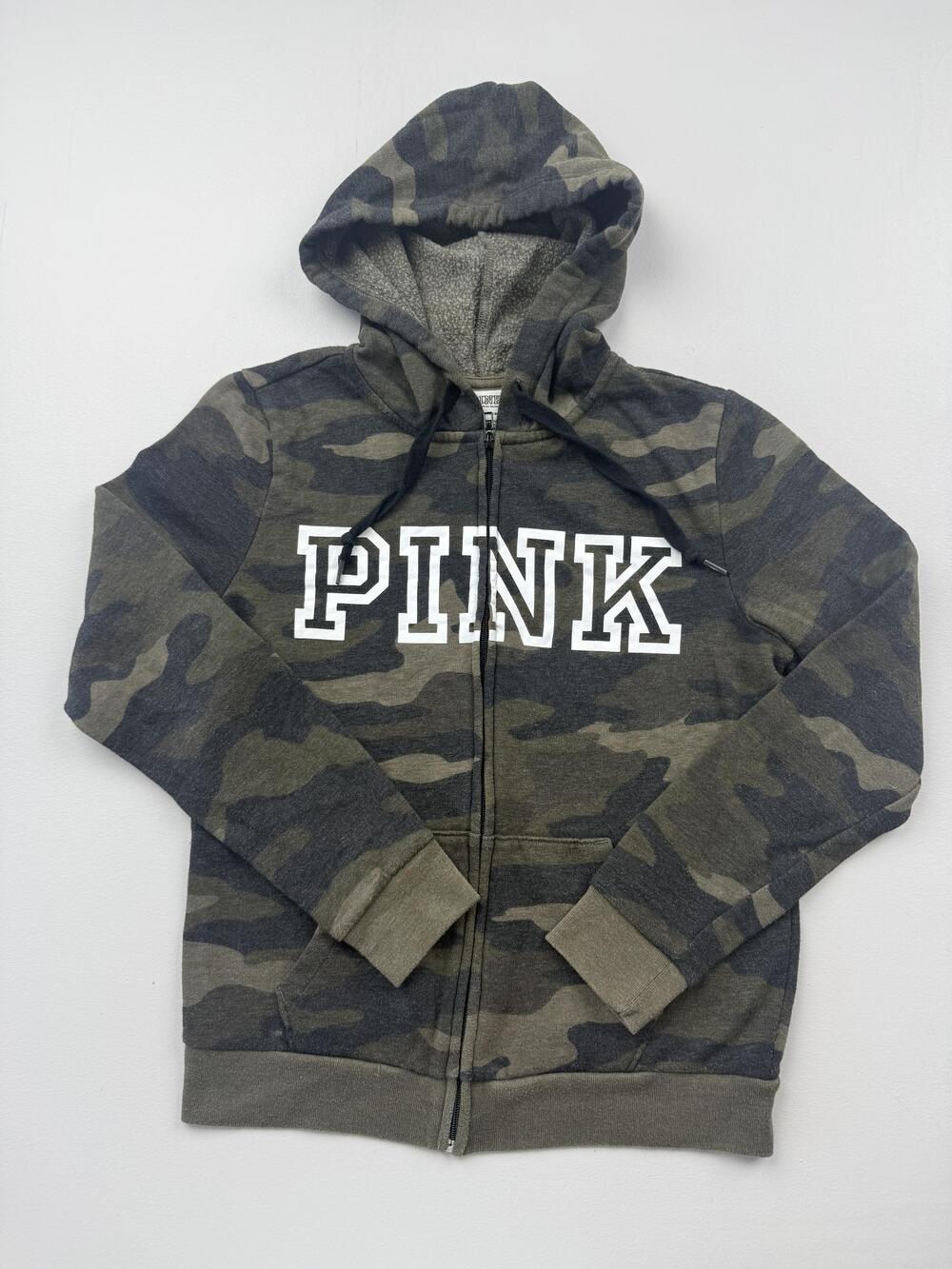 PINK Hoodie Sweatshirt Womens Small Green Camo Full Zip Sherpa Fleece Logo